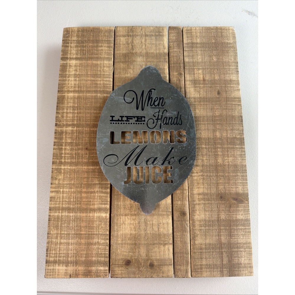 15 3/4" X 11 3/4 " Wooden Sign With Metal Lemon " When Life Hands Lemons"